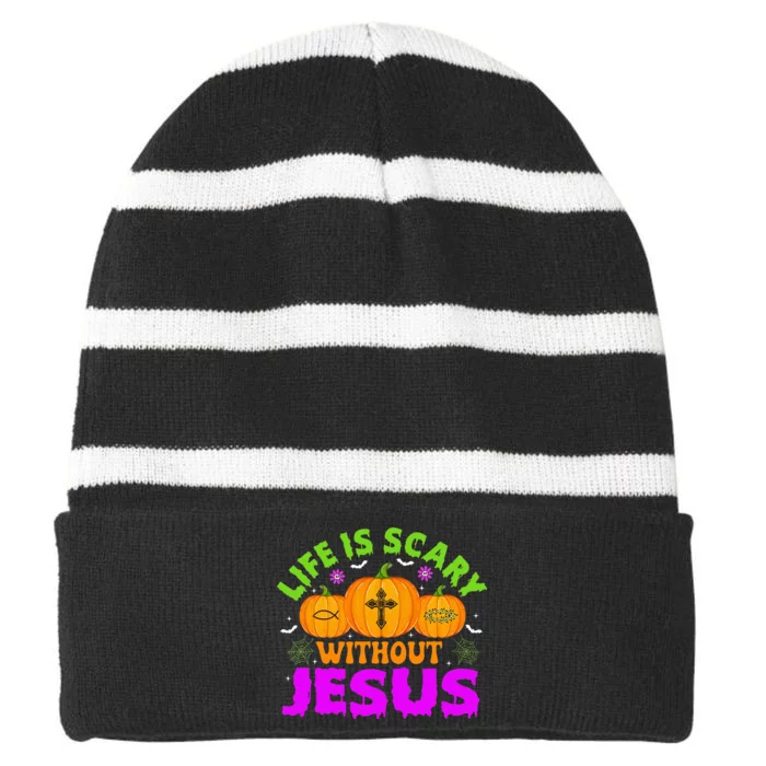 Christian Halloween Life Is Scary Without Jesus Fall Autumn Striped Beanie with Solid Band