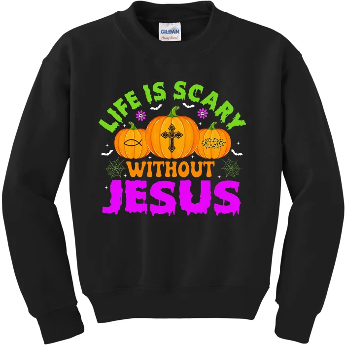 Christian Halloween Life Is Scary Without Jesus Fall Autumn Kids Sweatshirt