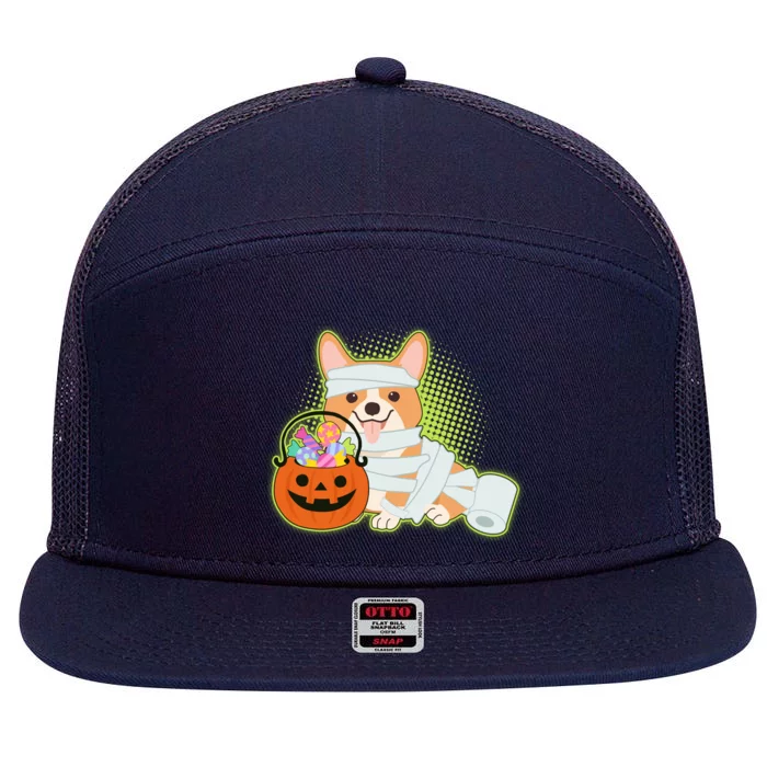 Cute Halloween Mummy Welsh Corgi And Pumpkin Candy 7 Panel Mesh Trucker Snapback Hat