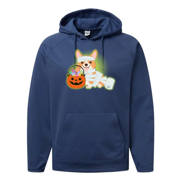 Cute Halloween Mummy Welsh Corgi And Pumpkin Candy Performance Fleece Hoodie