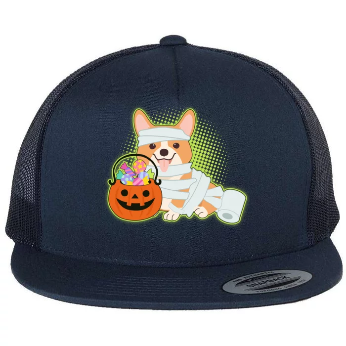 Cute Halloween Mummy Welsh Corgi And Pumpkin Candy Flat Bill Trucker Hat