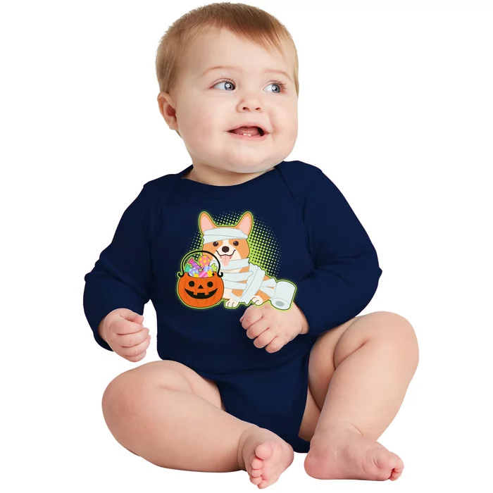 Cute Halloween Mummy Welsh Corgi And Pumpkin Candy Baby Long Sleeve Bodysuit