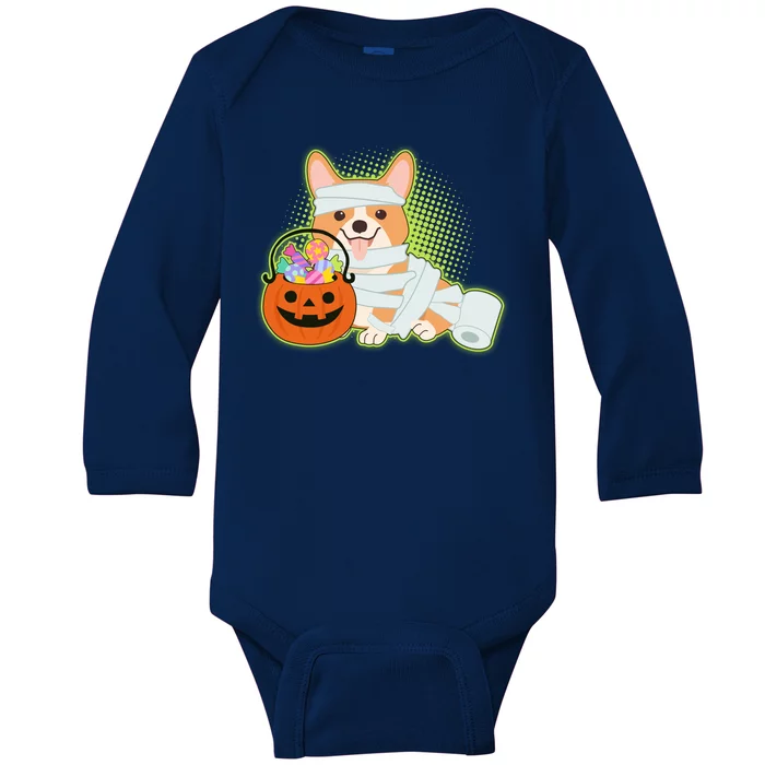 Cute Halloween Mummy Welsh Corgi And Pumpkin Candy Baby Long Sleeve Bodysuit