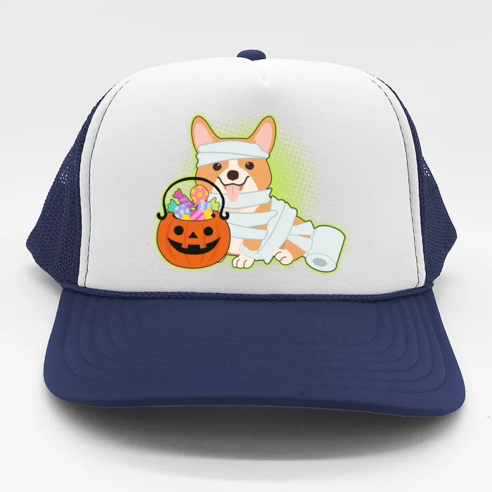 Cute Halloween Mummy Welsh Corgi And Pumpkin Candy Trucker Hat