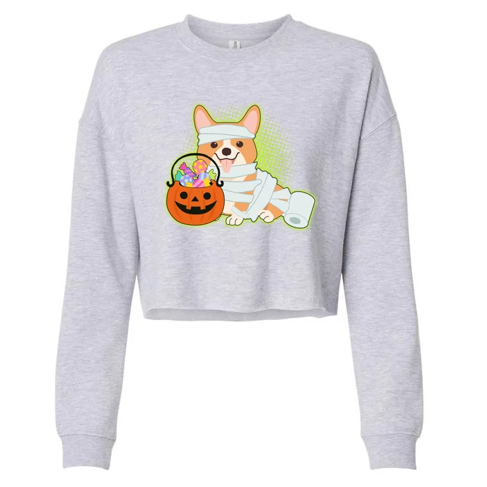 Cute Halloween Mummy Welsh Corgi And Pumpkin Candy Cropped Pullover Crew