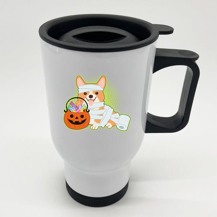 Cute Halloween Mummy Welsh Corgi And Pumpkin Candy Front & Back Stainless Steel Travel Mug