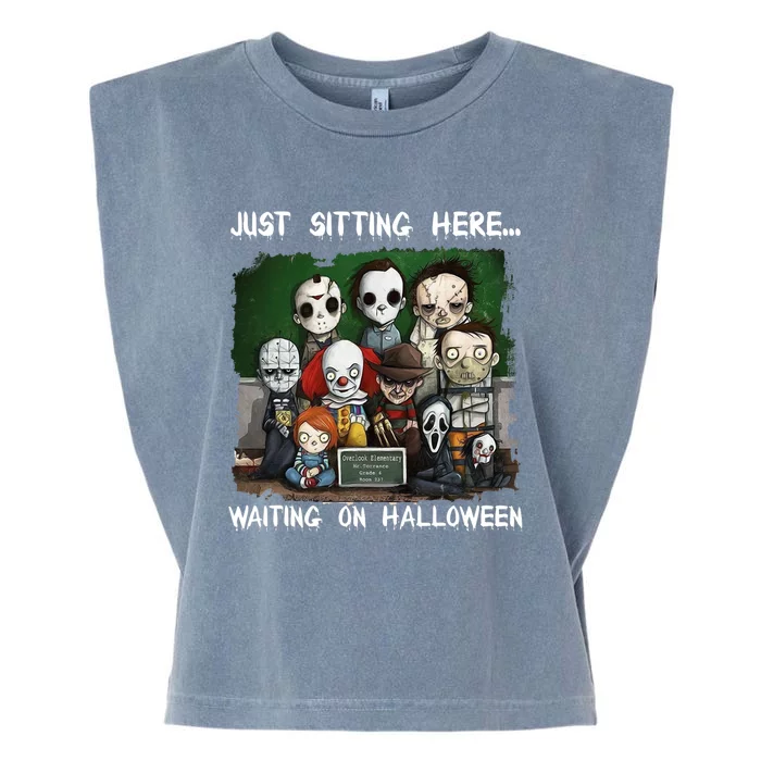 Chibi Horror Movie Just Sitting Here Waiting On Halloween Garment-Dyed Women's Muscle Tee