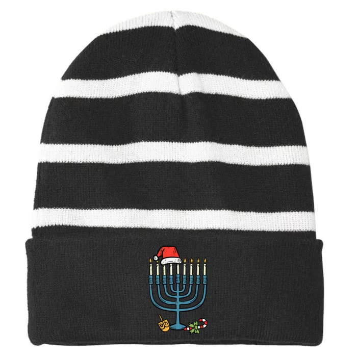 Christmas Hat Menorah Jew Hanukkah Chanukah Striped Beanie with Solid Band