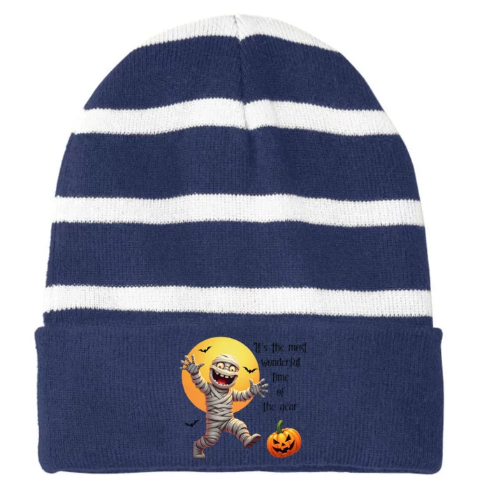 Cute Halloween Mummy Most Wonderful Time Of The Year Striped Beanie with Solid Band