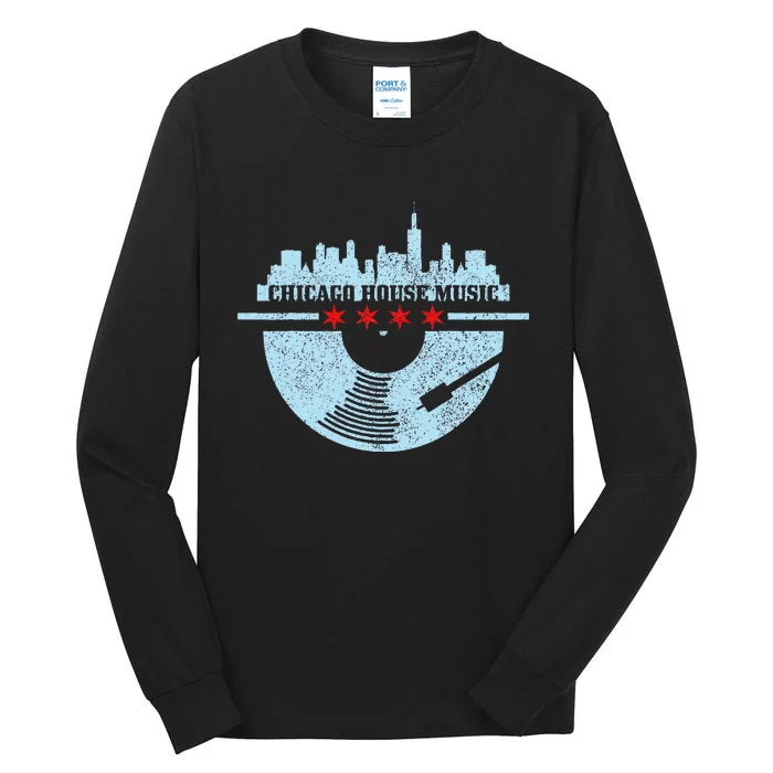 Chicago House Music Vintage Vinyl Dj Raver Flag Skyline Gift Tall Long Sleeve T-Shirt