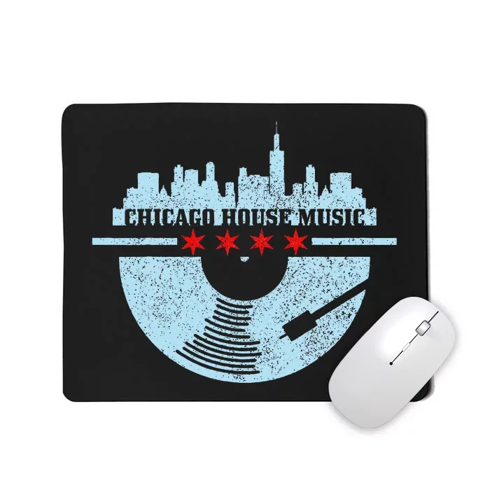 Chicago House Music Vintage Vinyl Dj Raver Flag Skyline Gift Mousepad