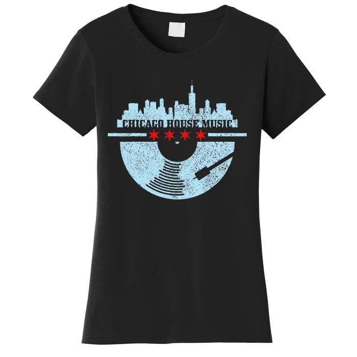 Chicago House Music Vintage Vinyl Dj Raver Flag Skyline Gift Women's T-Shirt