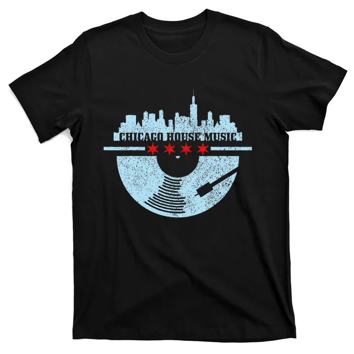 Chicago House Music Vintage Vinyl Dj Raver Flag Skyline Gift T-Shirt