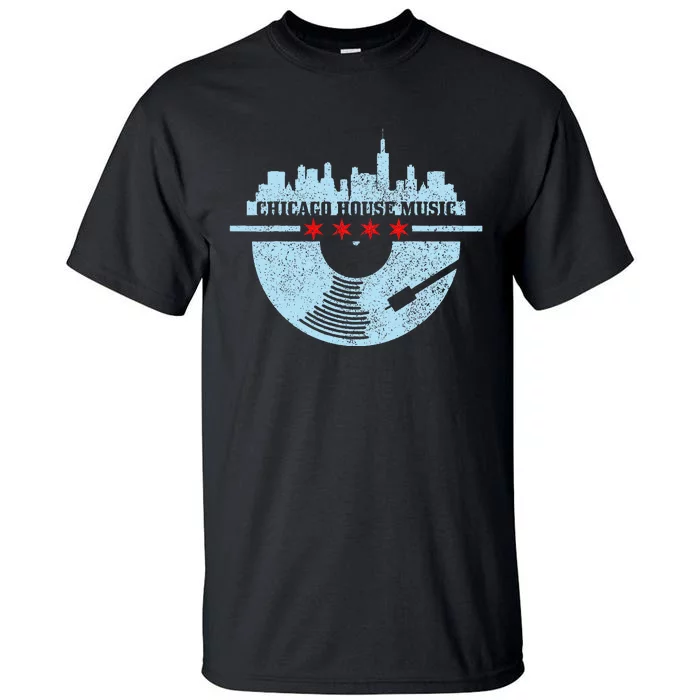 Chicago House Music Vintage Vinyl Dj Raver Flag Skyline Gift Tall T-Shirt