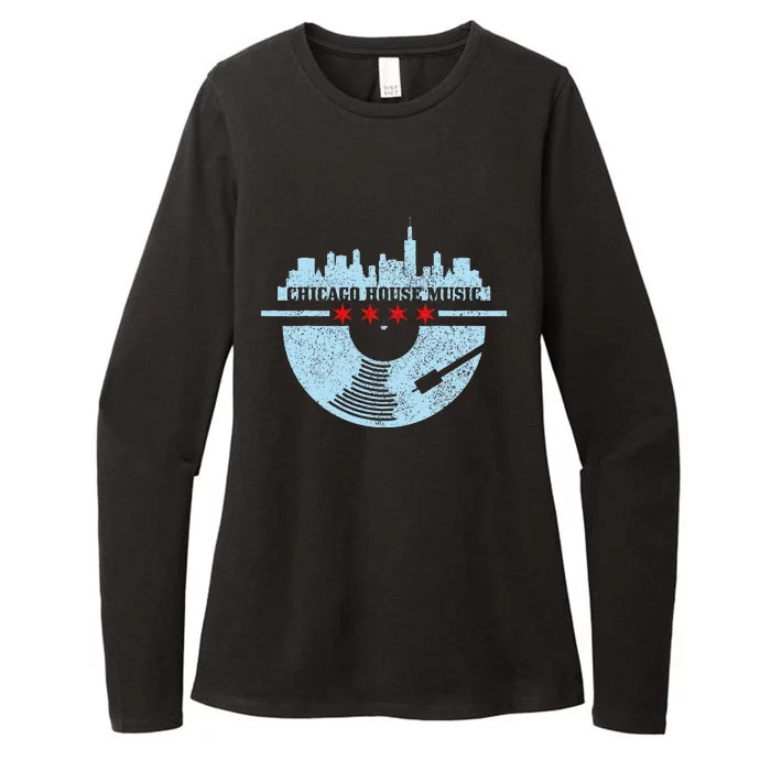 Chicago House Music Vintage Vinyl Dj Raver Flag Skyline Gift Womens CVC Long Sleeve Shirt