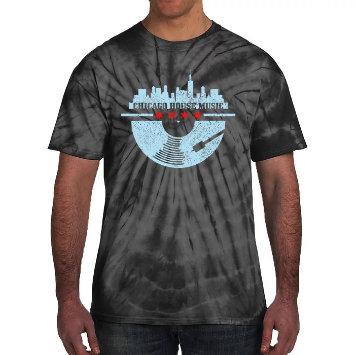 Chicago House Music Vintage Vinyl Dj Raver Flag Skyline Gift Tie-Dye T-Shirt