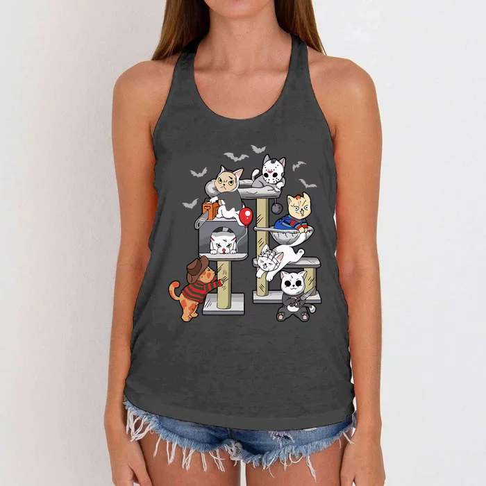 Cat Horror Movies Cute Halloween Cat Lovers Matching Women's Knotted Racerback Tank