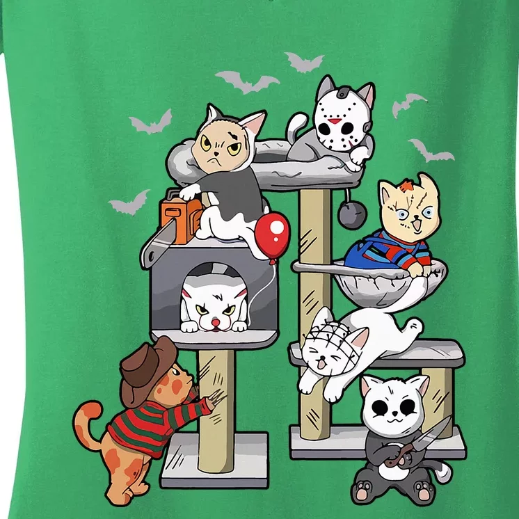 Cat Horror Movies Cute Halloween Cat Lovers Matching Women's V-Neck T-Shirt