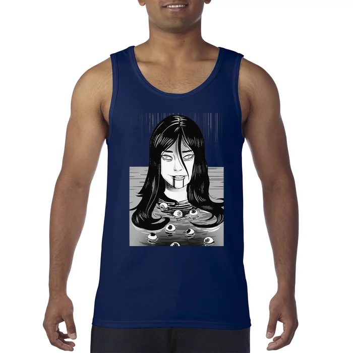 Creepy Horror Manga Anime Woman Eyes Bathtub Halloween Art Tank Top