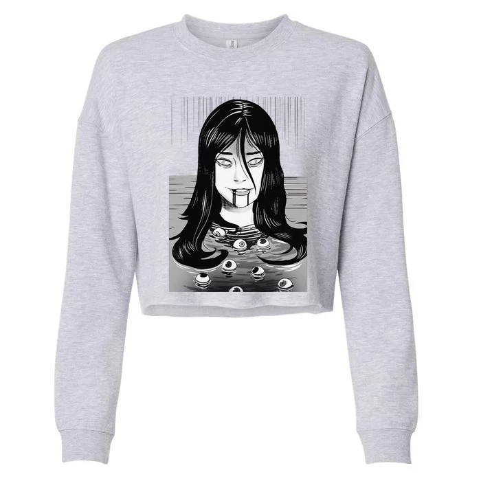 Creepy Horror Manga Anime Woman Eyes Bathtub Halloween Art Cropped Pullover Crew