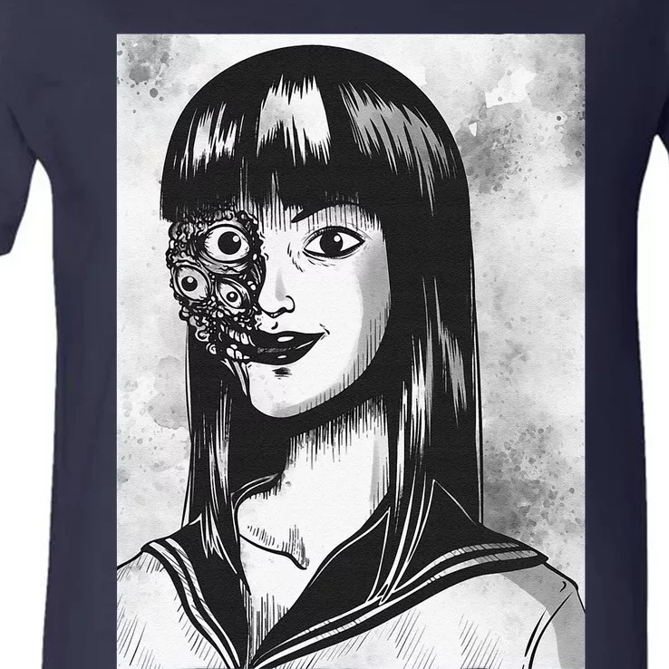 Creepy Horror Manga Anime Woman Eyes Halloween Art Cute V-Neck T-Shirt