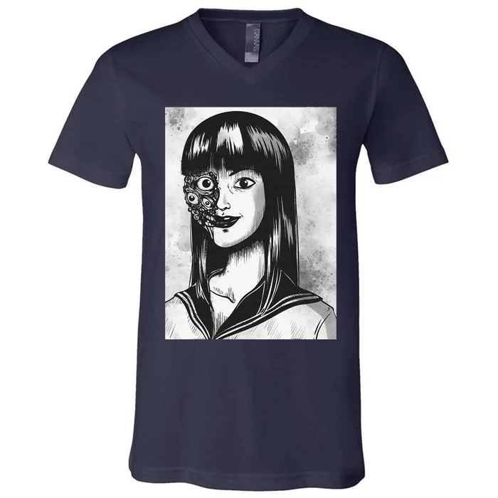 Creepy Horror Manga Anime Woman Eyes Halloween Art Cute V-Neck T-Shirt