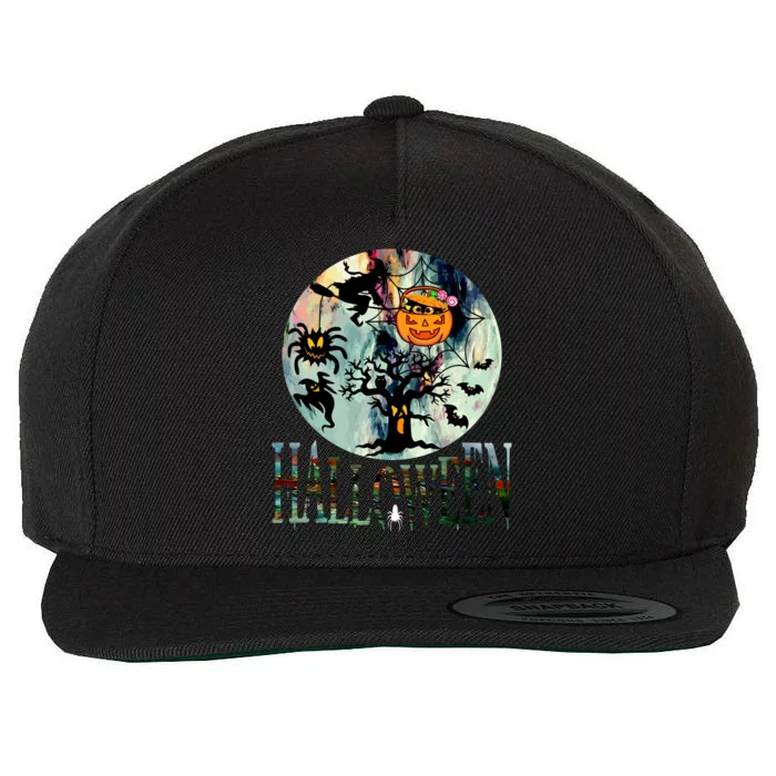 Creepy Halloween Moon Spider Pumpkin Witch Ghost Wool Snapback Cap