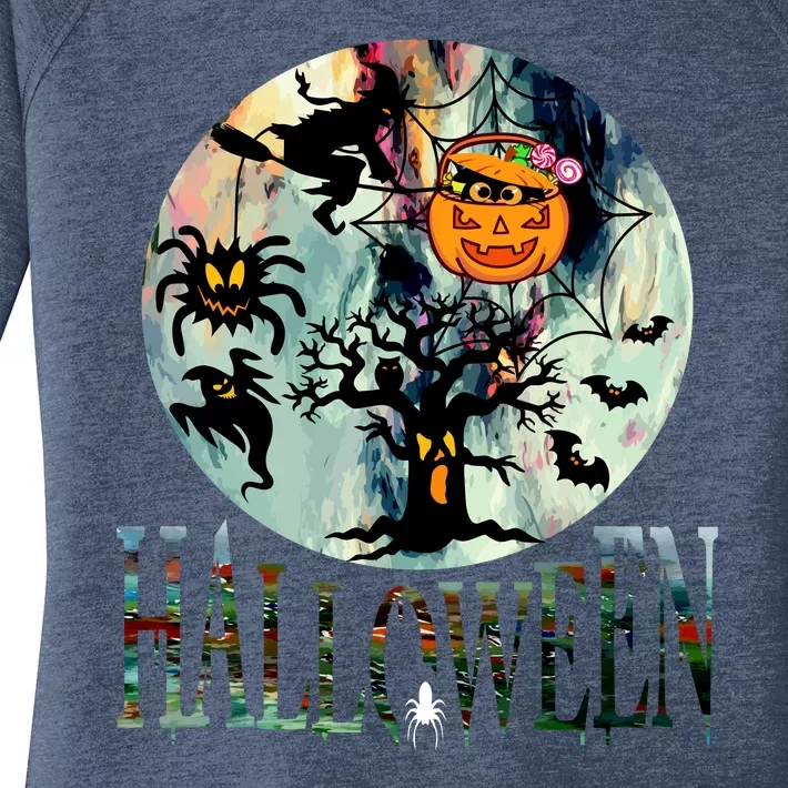 Creepy Halloween Moon Spider Pumpkin Witch Ghost Women's Perfect Tri Tunic Long Sleeve Shirt