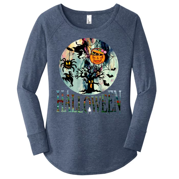 Creepy Halloween Moon Spider Pumpkin Witch Ghost Women's Perfect Tri Tunic Long Sleeve Shirt