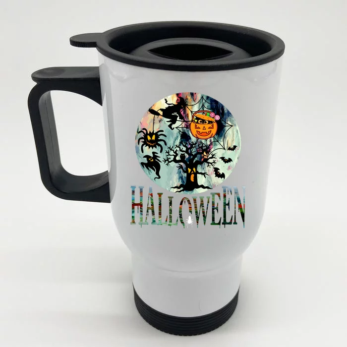 Creepy Halloween Moon Spider Pumpkin Witch Ghost Front & Back Stainless Steel Travel Mug