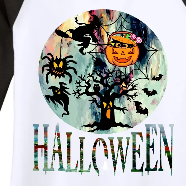 Creepy Halloween Moon Spider Pumpkin Witch Ghost Women's Tri-Blend 3/4-Sleeve Raglan Shirt