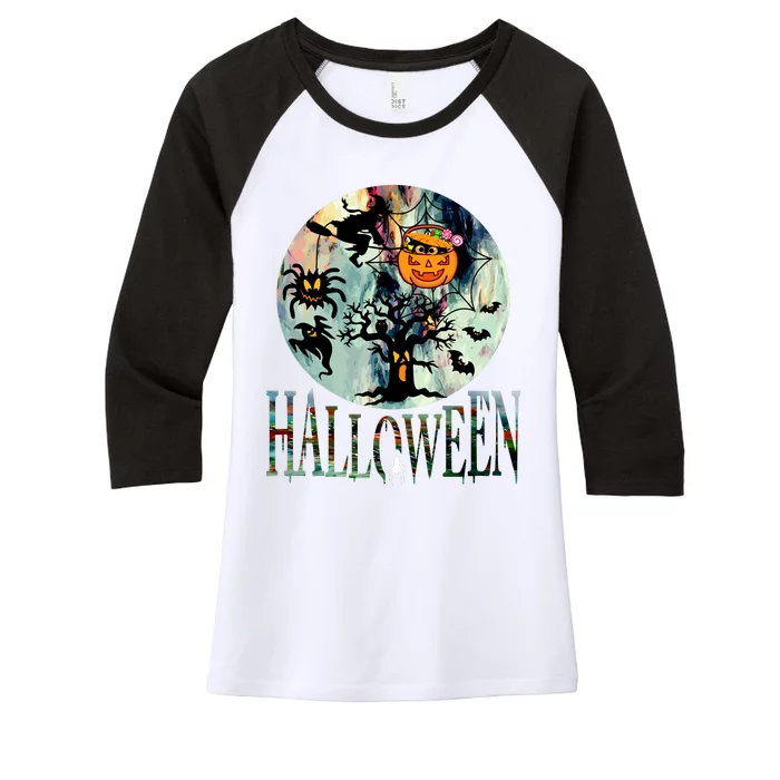 Creepy Halloween Moon Spider Pumpkin Witch Ghost Women's Tri-Blend 3/4-Sleeve Raglan Shirt