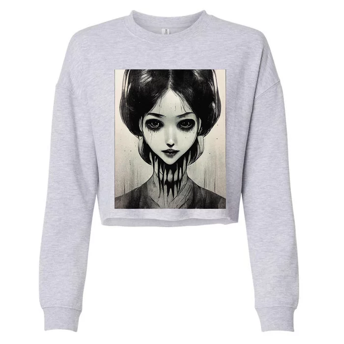 Creepy Horror Manga Anime Woman Eyes Halloween Art Cropped Pullover Crew