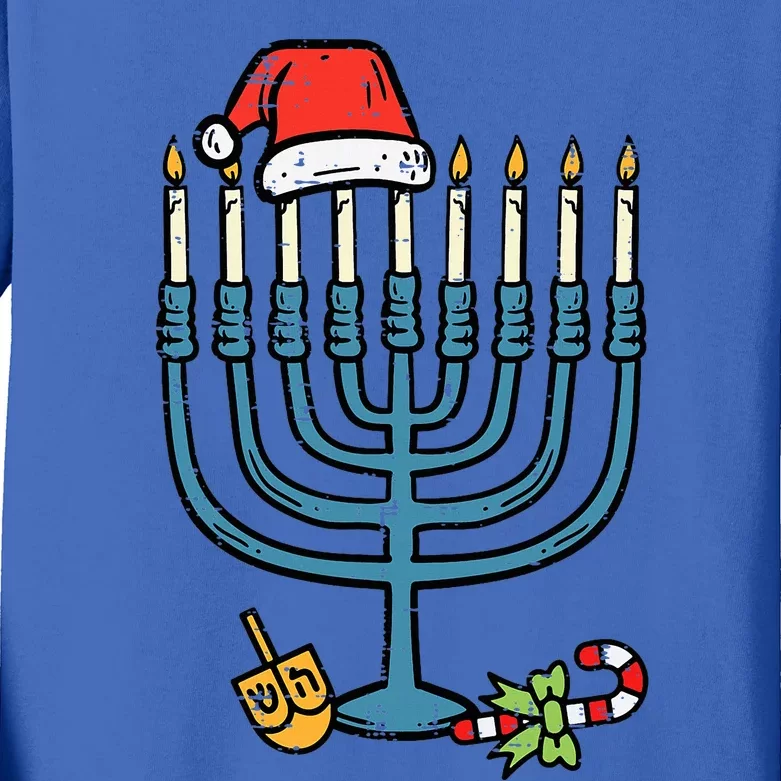 Christmas Hat Menorah Jew Hanukkah Chanukah Kids Long Sleeve Shirt