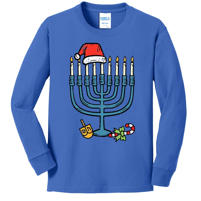 Christmas Hat Menorah Jew Hanukkah Chanukah Kids Long Sleeve Shirt