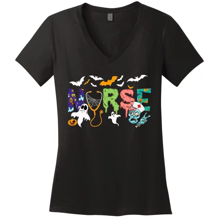 Cute Halloween Nurse Nursing Zombie Halloween Women's V-Neck T-Shirt