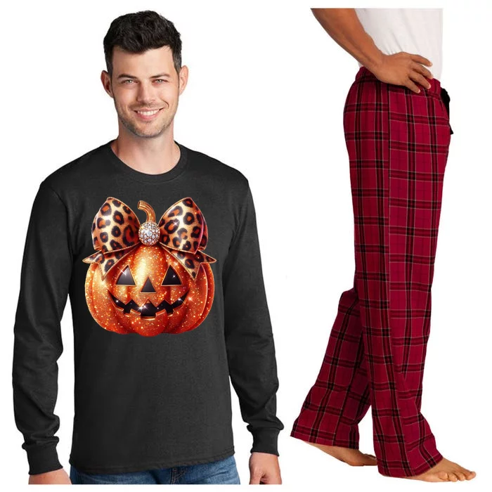 Cute Halloween Pumpkin Leopard Bow Long Sleeve Pajama Set