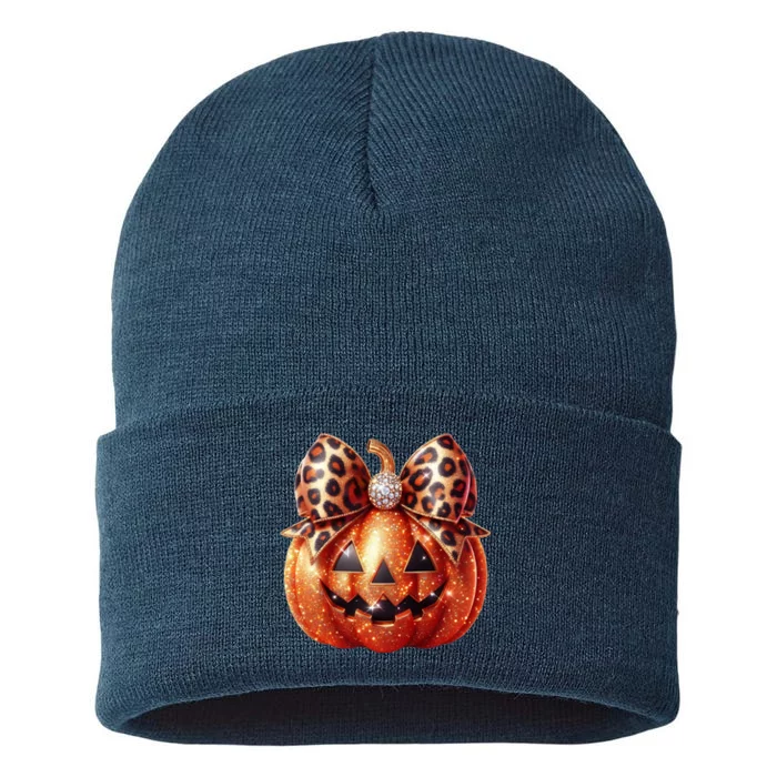 Cute Halloween Pumpkin Leopard Bow Sustainable Knit Beanie