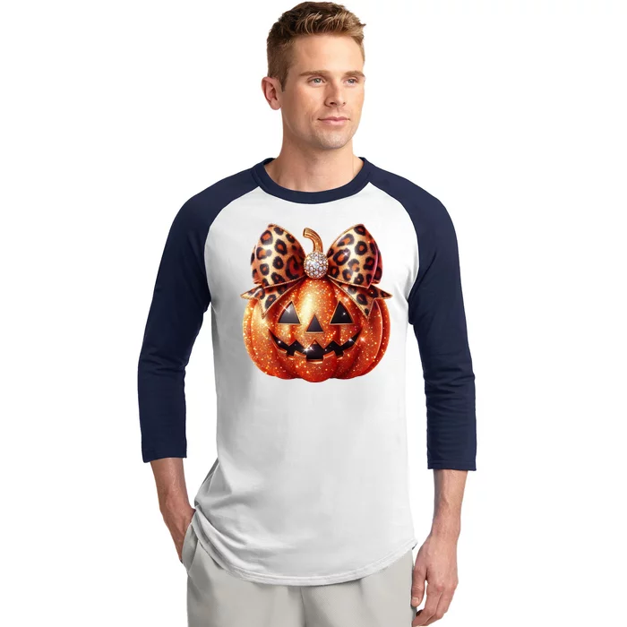 Cute Halloween Pumpkin Leopard Bow Baseball Sleeve Shirt