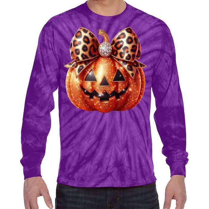 Cute Halloween Pumpkin Leopard Bow Tie-Dye Long Sleeve Shirt