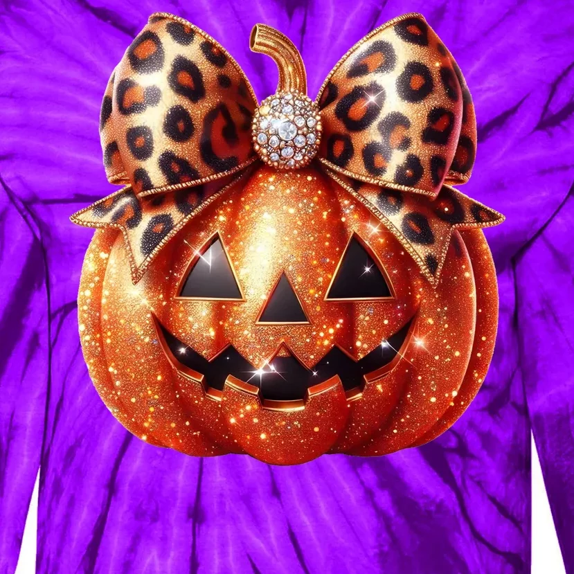 Cute Halloween Pumpkin Leopard Bow Tie-Dye Long Sleeve Shirt