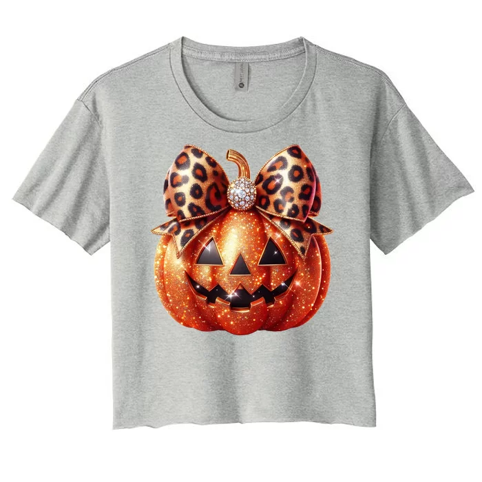 Cute Halloween Pumpkin Leopard Bow Women's Crop Top Tee