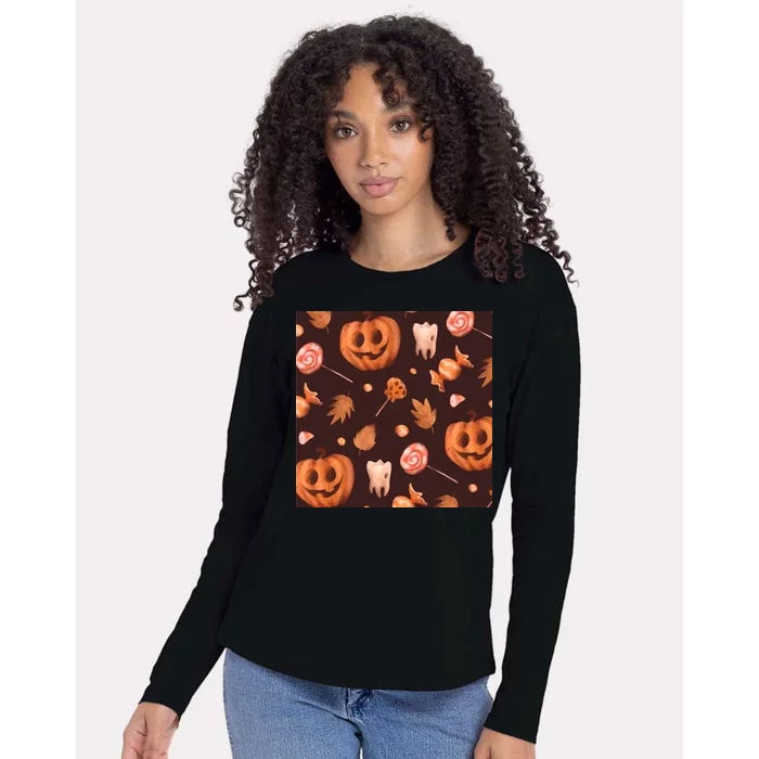 Creepy Halloween Pumpkin Candy Womens Cotton Relaxed Long Sleeve T-Shirt