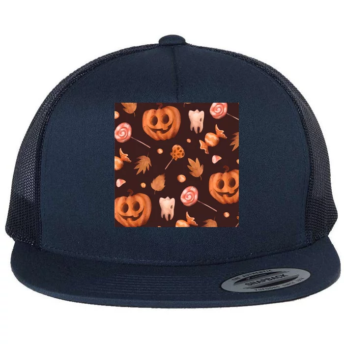 Creepy Halloween Pumpkin Candy Flat Bill Trucker Hat