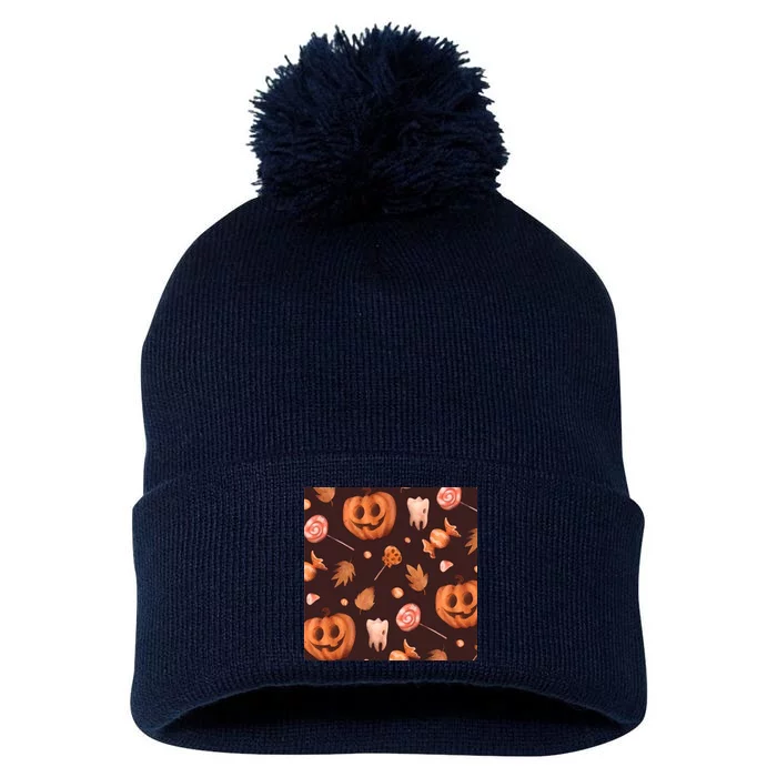 Creepy Halloween Pumpkin Candy Pom Pom 12in Knit Beanie