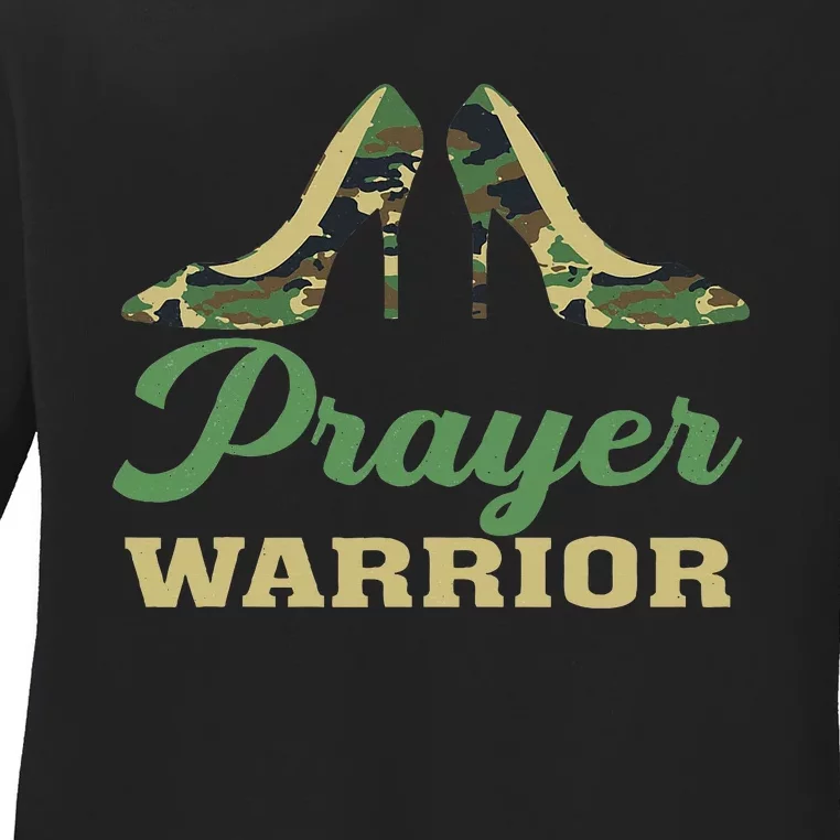 Camo Heels Prayer Warrior Faith God Jesus Christian Ladies Long Sleeve Shirt