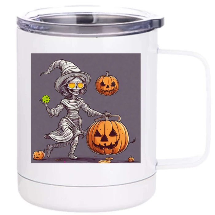 Cute Halloween Pickleball Mummy Witch With Pumpkins Gift Front & Back 12oz Stainless Steel Tumbler Cup