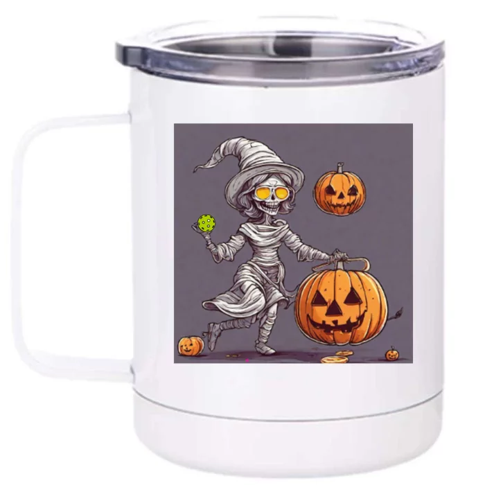 Cute Halloween Pickleball Mummy Witch With Pumpkins Gift Front & Back 12oz Stainless Steel Tumbler Cup