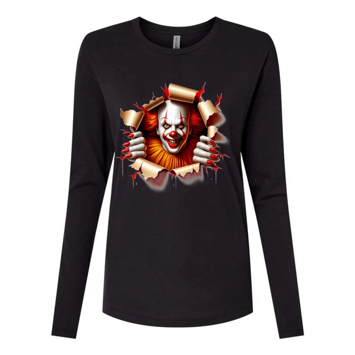 Creepy Halloween Peeking Through Clown Womens Cotton Relaxed Long Sleeve T-Shirt