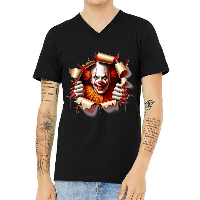 Creepy Halloween Peeking Through Clown V-Neck T-Shirt